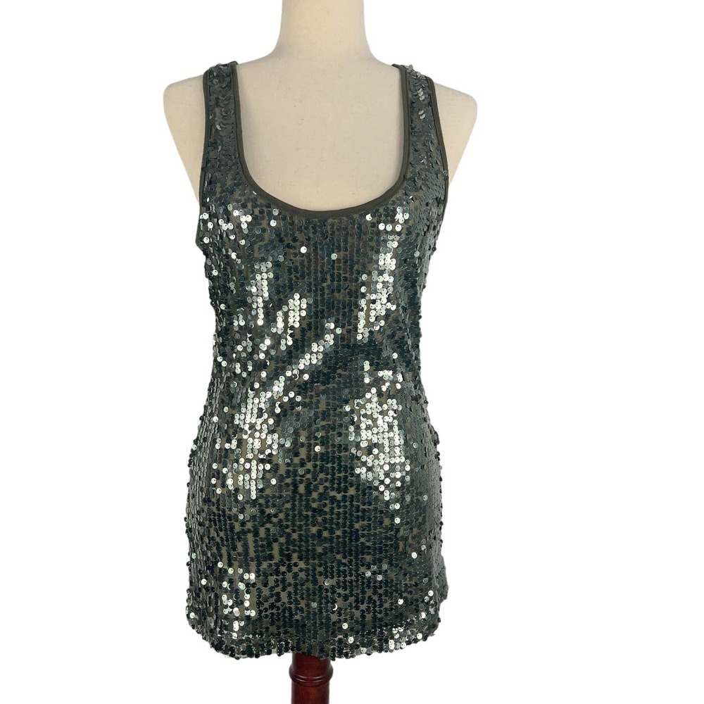 IMAGINARY VOYAGE ALLOVER SEQUIN SLEEVELESS RACERBACK‎ TANK TOP DARK OLIVE MEDIUM